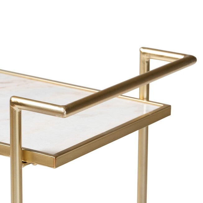 Louise Contemporary Glam And Luxe Gold Metal And White Marble 2-Tier Wine Cart, , alternate image number null
