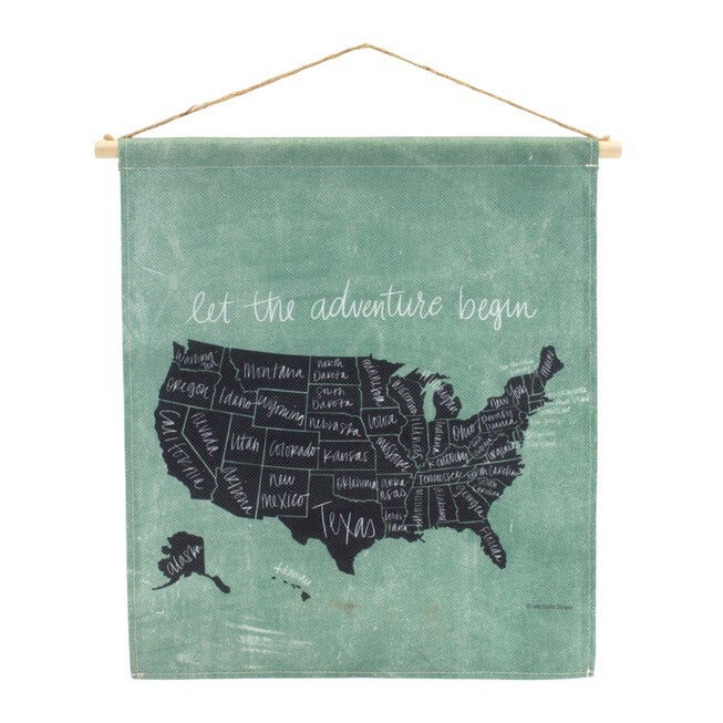 United States Wall Hanging 15 inchesL x 18.5 inchesH Linen/Wood, GREEN, hi-res image number 0