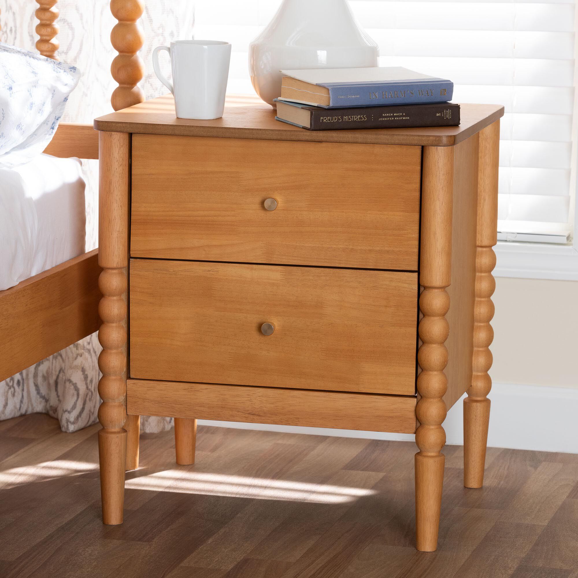 Lucera Mid-Century White 2-Drawer Bobbin Nightstand, BROWN, hi-res image number 0