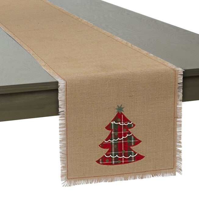 Embroidered Tree Burlap Table Runner, , alternate image number null