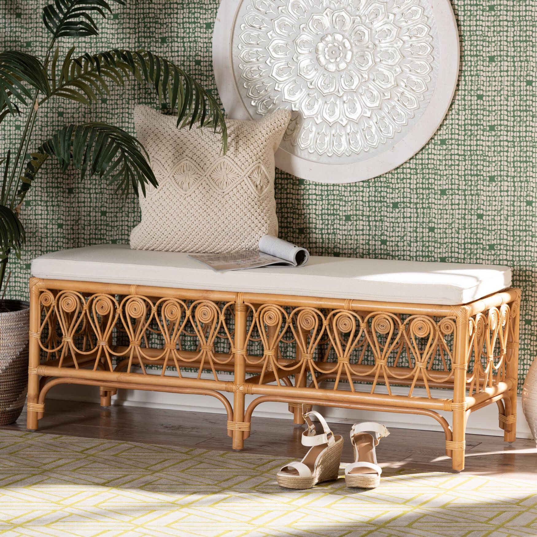 Ibiza Modern bohemian Natural Brown Rattan Bench, , alternate image number 10