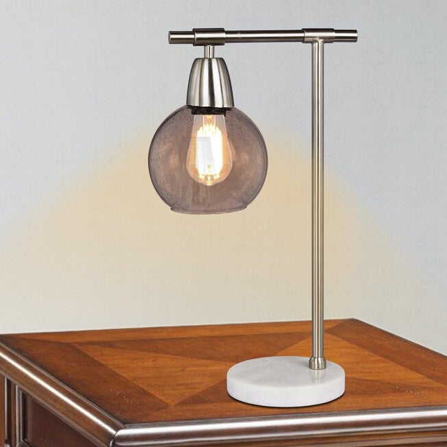 18 inches Brushed Steel Glass & Marble Table Lamp, STEEL CLEAR WHITE, hi-res image number null