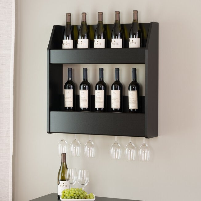 2-Tier Floating Wine and Liquor Rack, BLACK, hi-res image number 0
