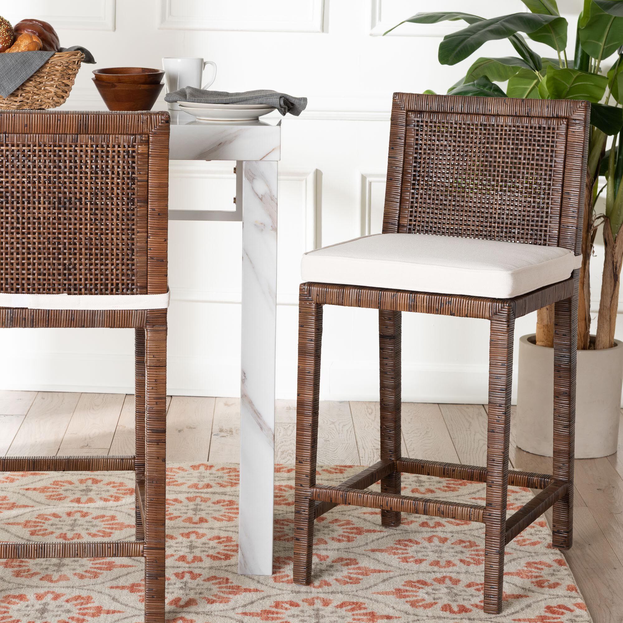Sofia Rattan Counter Stool with Mahogany Wood Frame