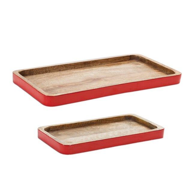 Red Trimmed Wooden Tray (Set of 2), RED/BROWN, hi-res image number null