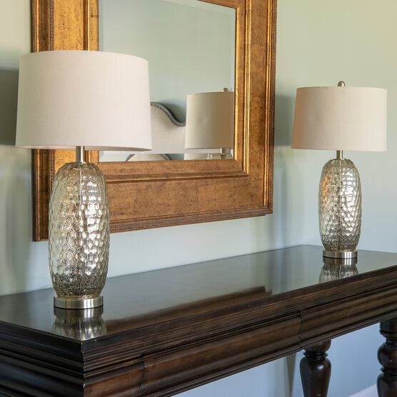 1 Set Antique Mercury Dimple Glass Table Lamp Off White Linen