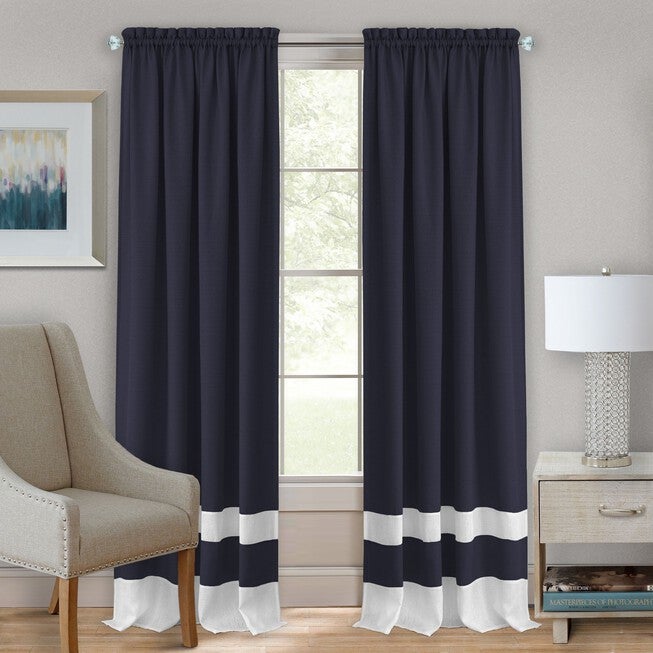 Darcy Rod-Pocket Window Curtain Panel, NAVY WHITE, hi-res image number null