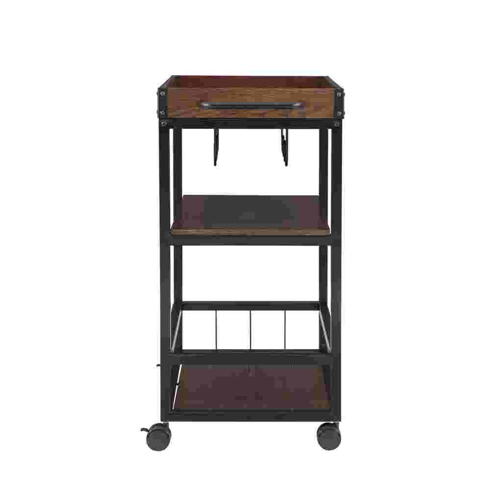 Austin Kitchen Cart with a wooden top and metal frame, showing a wine glass holder and shelves, on a white background.