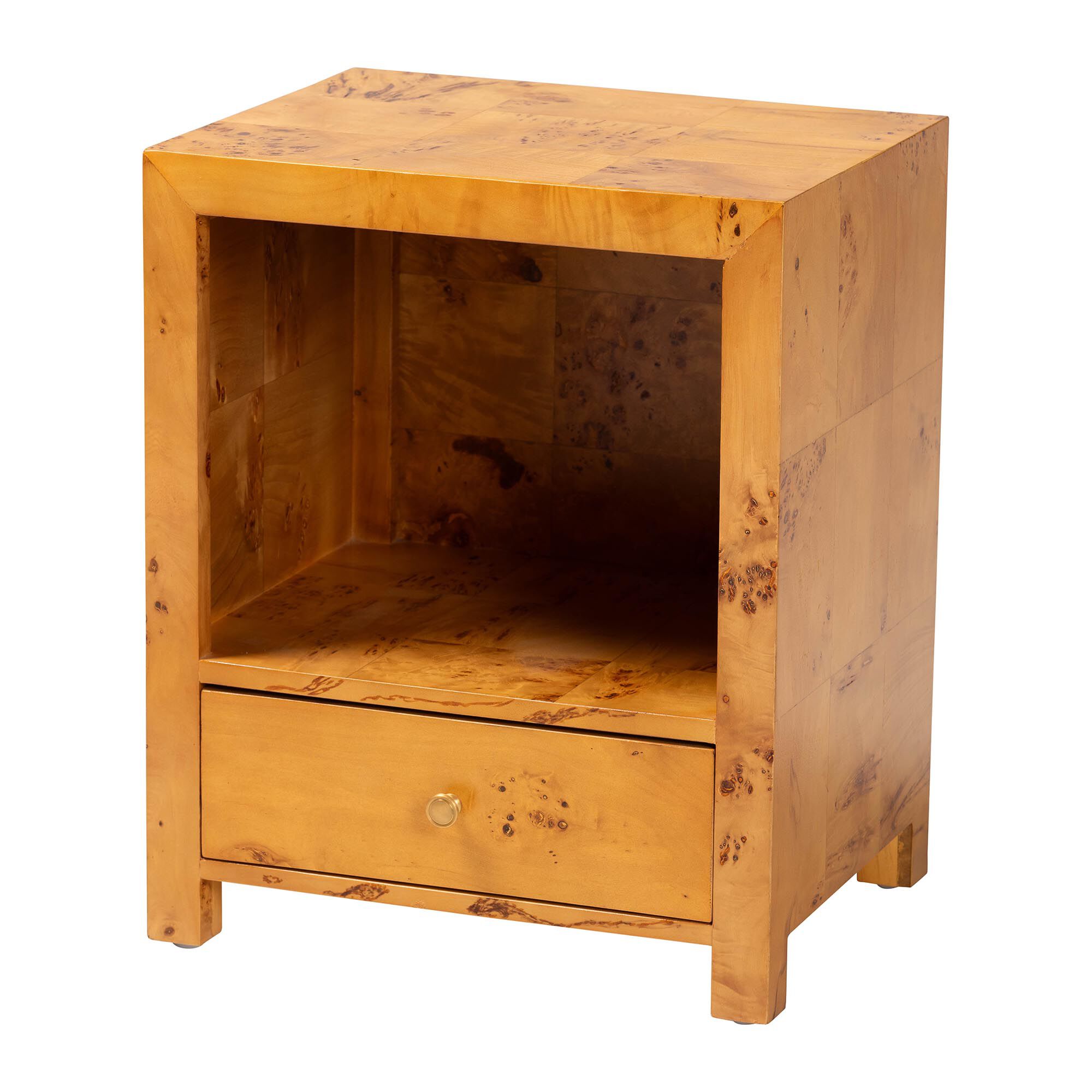 Camira Modern and Contemporary Natural Light Mappa Real Burl Wood 1-Drawer Nightstand, BURL, alternate image number 1