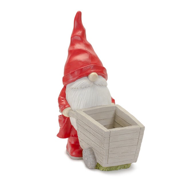 Raincoat Garden Gnome Statue With Wheelbarrow Planter 24.75 inchesH, RED, hi-res image number 0