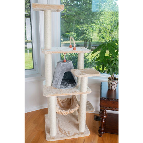 65" Real Wood Cat Tree With Sisal Rope, Hammock, Playhouse, , on-hover image number null