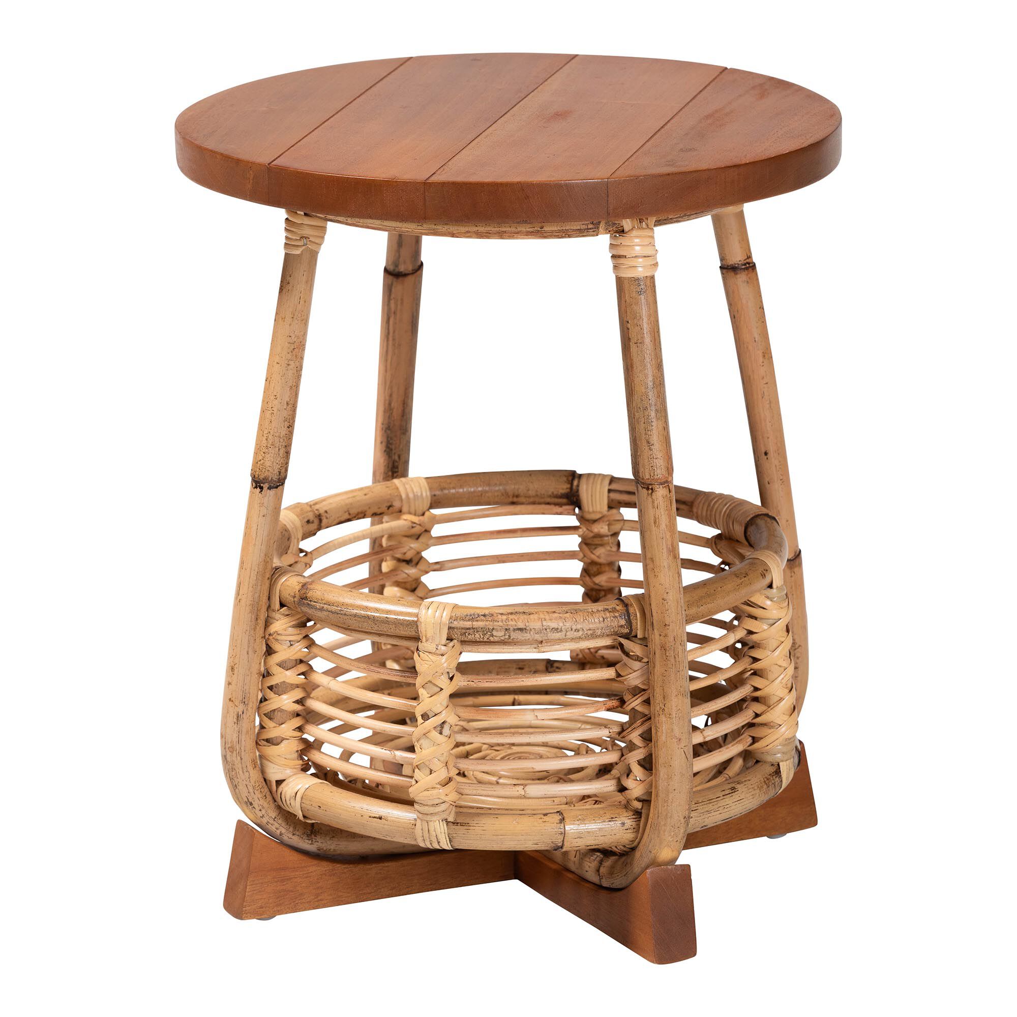 Derenik Natural Rattan and Mahogany Wood End Table - Boho Accent Side Table with Woven Basket Base, BROWN, alternate image number 1