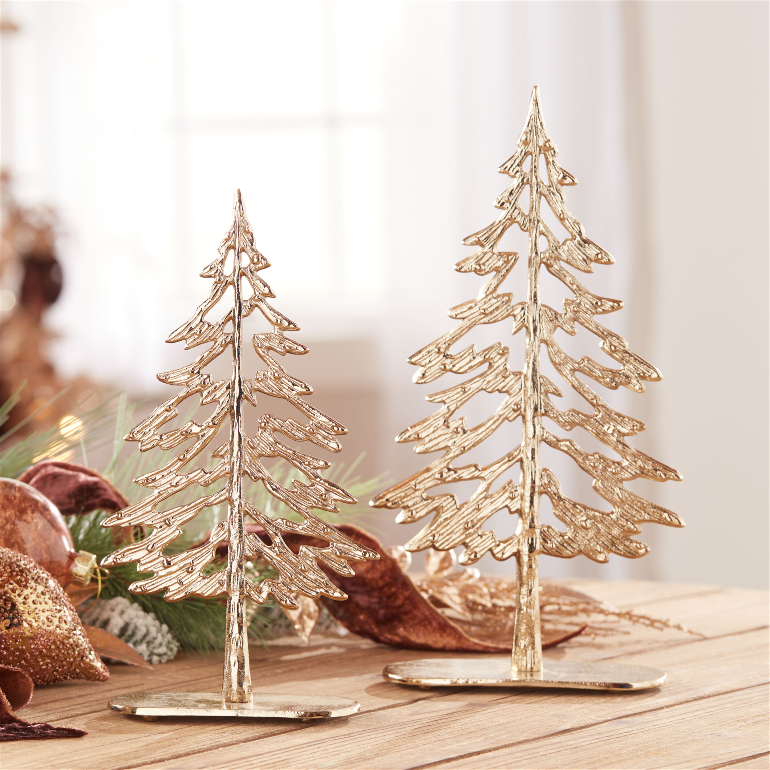 Metal Tree with Wood Base (Set of 2), GOLD, alternate image number 2