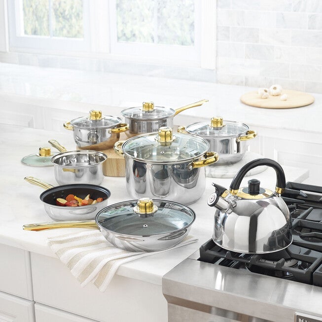 14-PC. Stainless Steel Cookware Set with Gold Accents