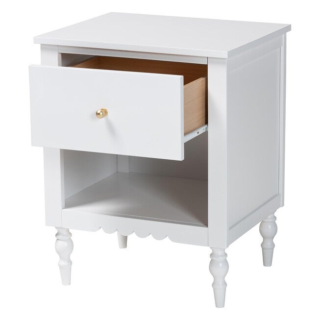 Baxton Studio Roni Modern White Wood 1-Drawer Nightstand with Scalloped Edges, WHITE, alternate image number 2