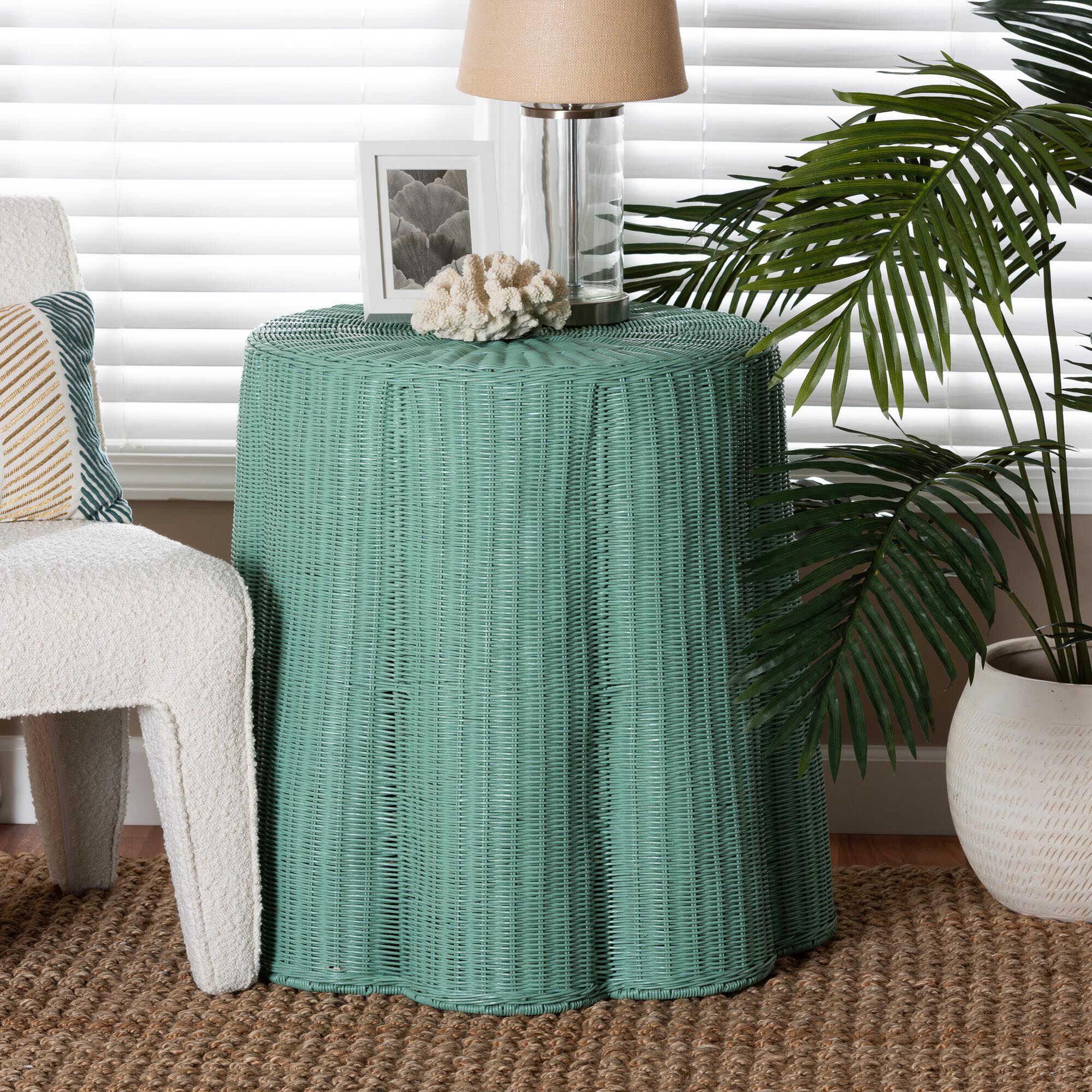Palm Teal Green Scallop Natural Rattan Console Table, Round, TEAL GREEN, hi-res image number 0