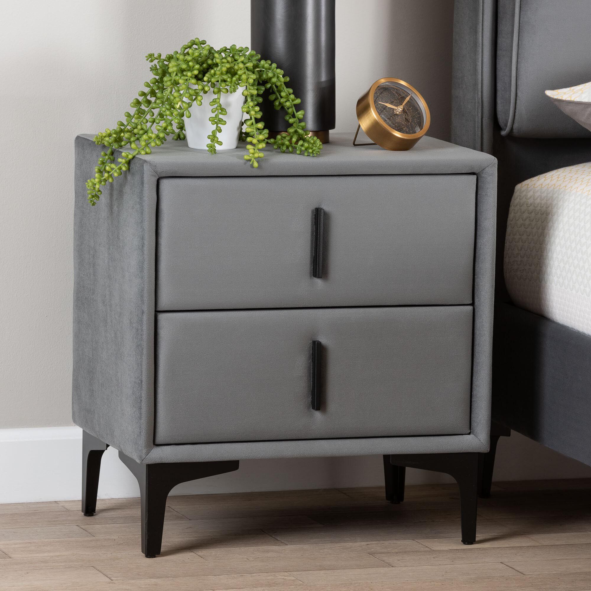 Etienne Modern Slate Grey Velvet 2-Drawer Nightstand, GREY, hi-res image number 0