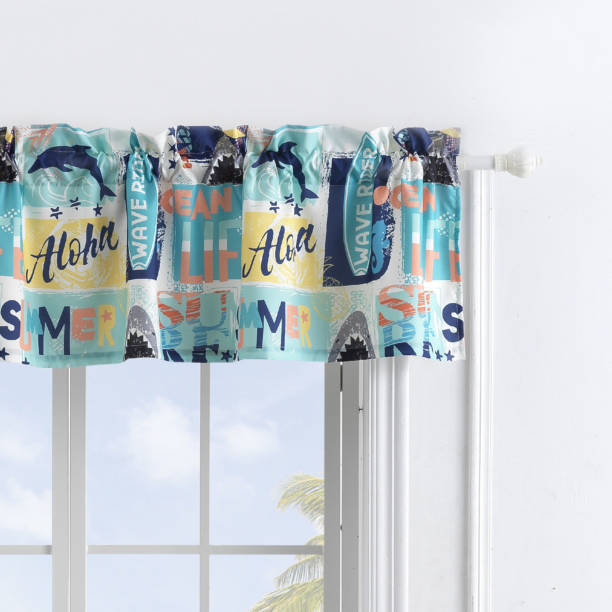 Wave Rider Window Treatment Valance Curtains, BLUE, hi-res image number 0