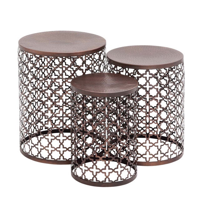 Set of 3 Brown Metal Industrial Accent Table, 20 inches, 18 inches, 16 inches, WHITE, hi-res image number null