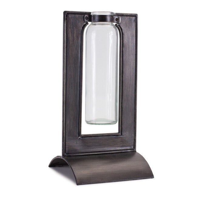 Glass Bottle Vase in Metal Holder 8 inchesH, BLACK, hi-res image number 0