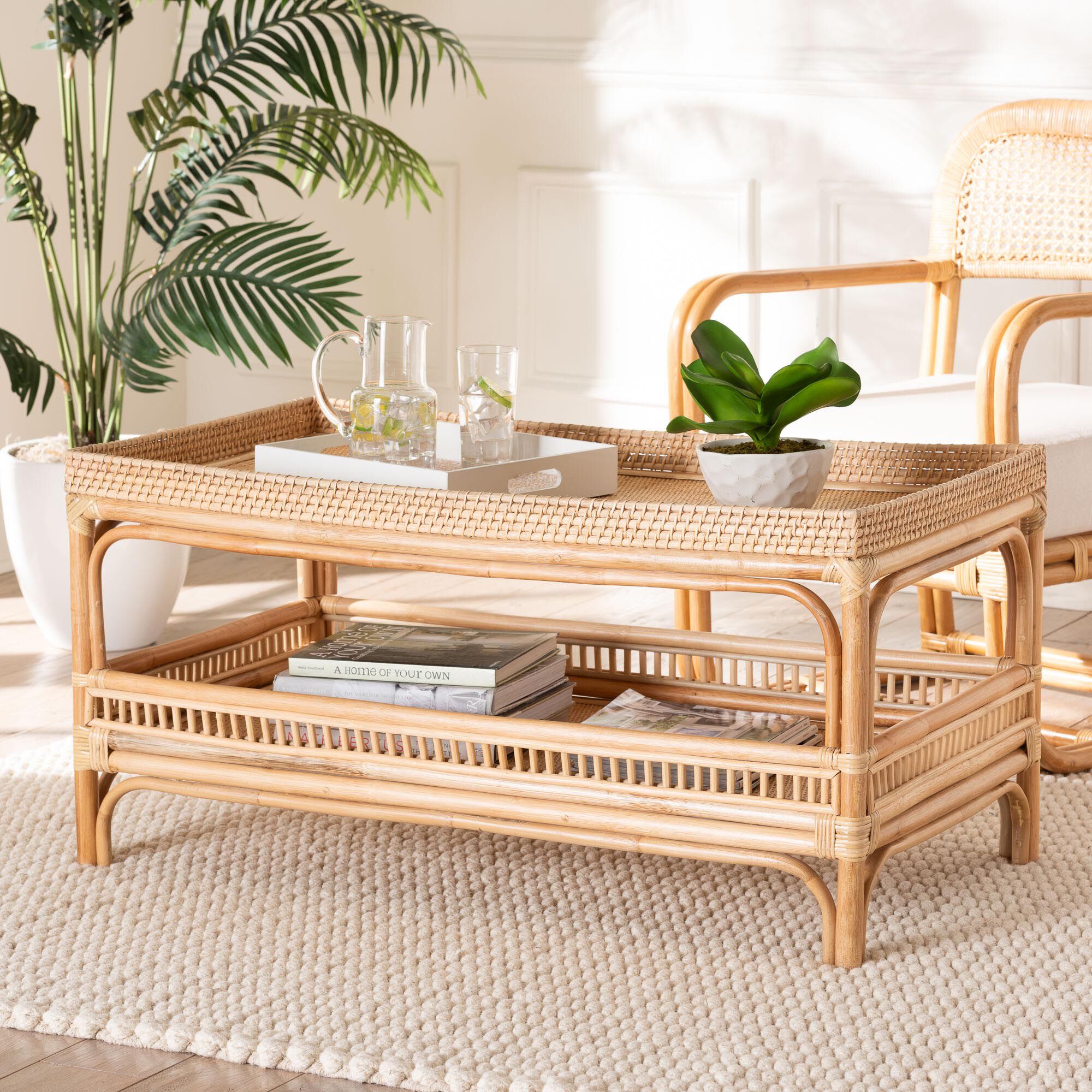 Lombok Modern Bohemian Natural Rattan Coffee Table, NATURAL, hi-res image number 0