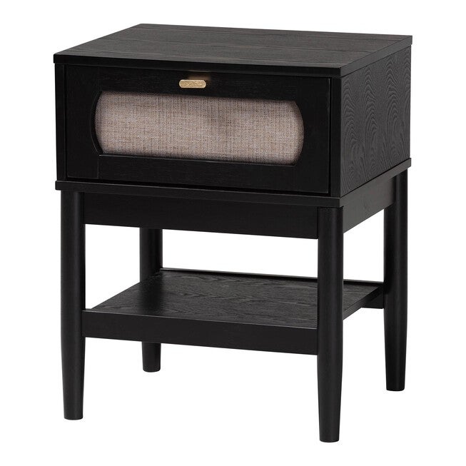 Shirin Mid-Century Beige Fabric and Black Wood 1-Drawer Nightstand, BEIGE/BLACK, alternate image number 1
