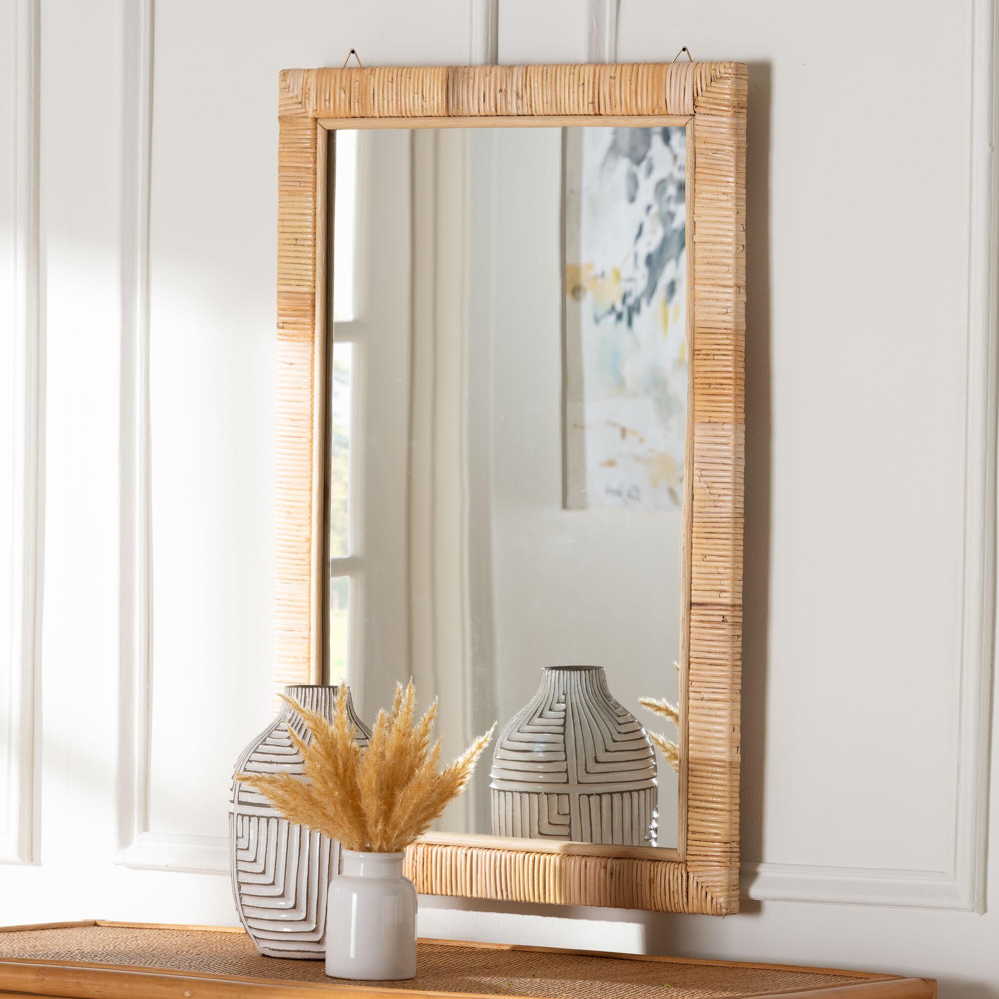 Lankston Bohemian Natural Rattan Rectangle Accent Wall Mirror, NATURAL, hi-res image number 0