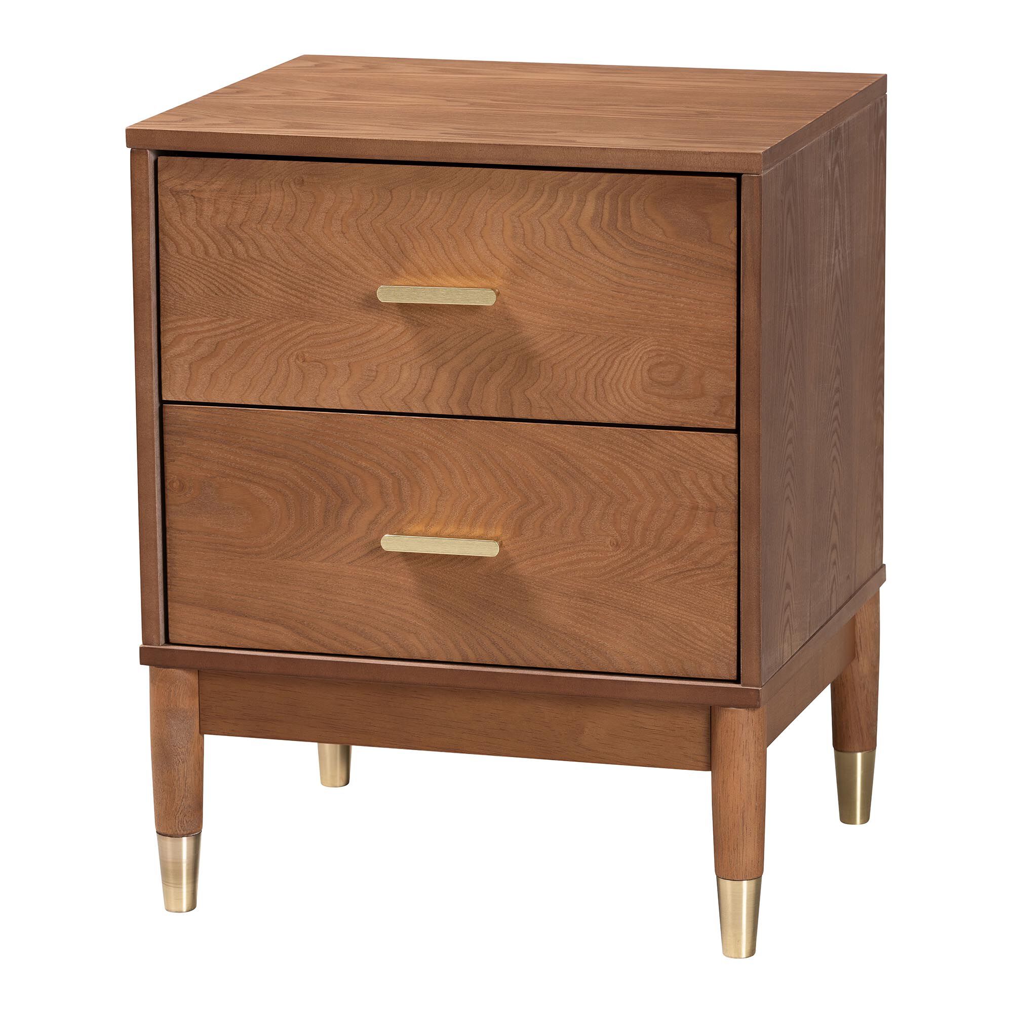 Mandolin Mid-Century Ash Walnut Wood 2-Drawer Nightstand, BROWN, alternate image number 1