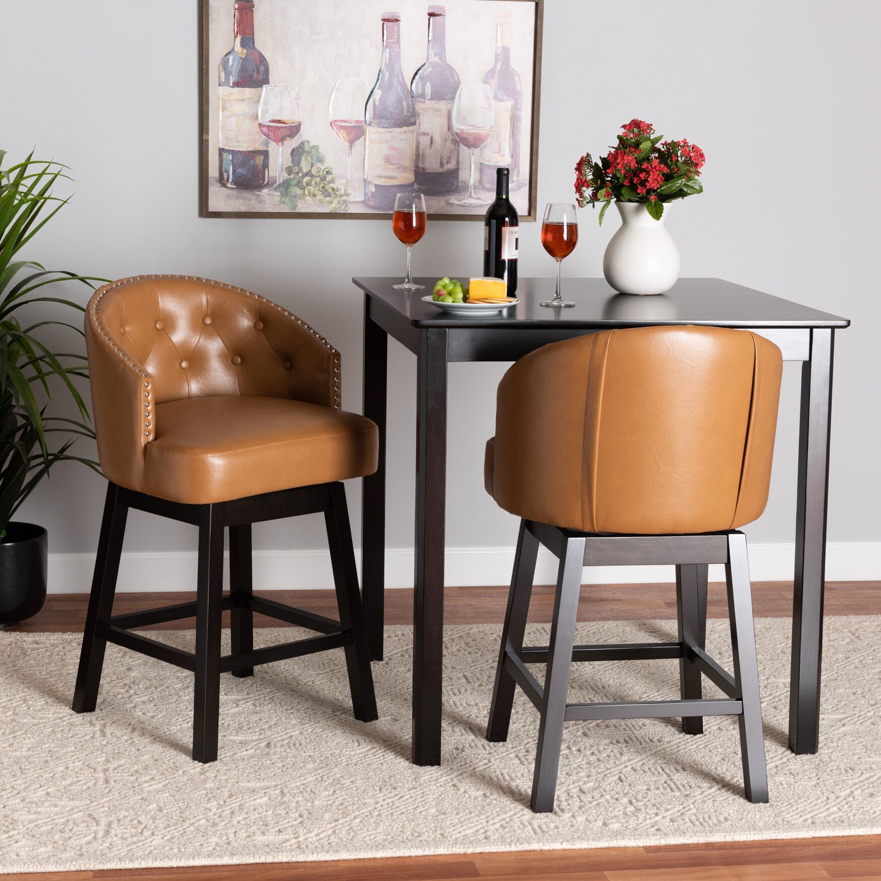 Theron Mid-Century Transitional Black Faux Leather and Espresso Brown Finished Wood 2-Piece Swivel Counter Stool Set, , alternate image number 21
