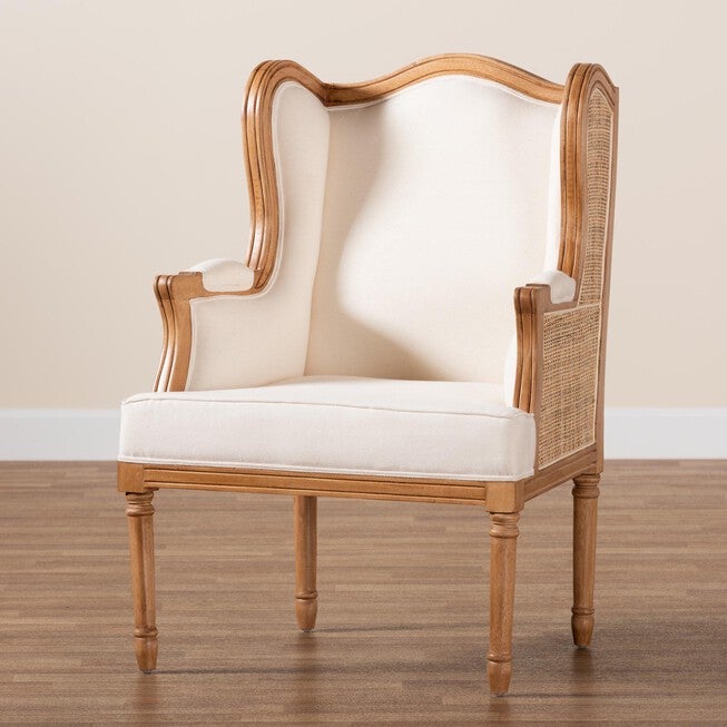Rachana Traditional French Beige Fabric And Honey Oak Finished Wood Accent Chair, , alternate image number null