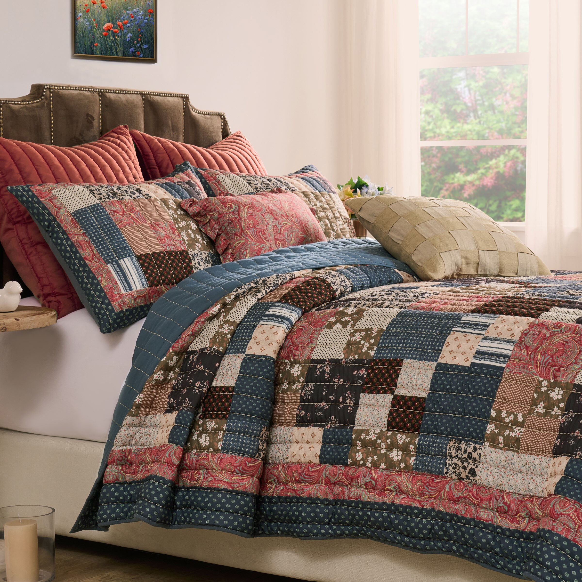Shiloh Floral Geometric Patchwork Print Finely Stitched Quilt Set, CALICO, alternate image number 2