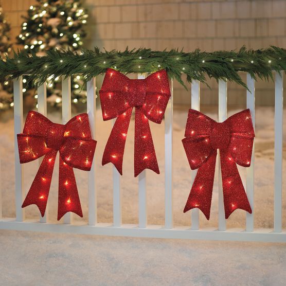 Set Of 3 Pre Lit Tinsel Bows Outdoor Christmas Lighted