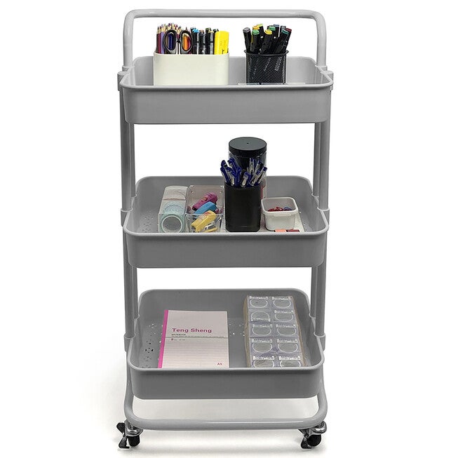 Home Basics 3-Tier Steel Rolling Utility Cart With Locking Wheels, GREY, hi-res image number 0