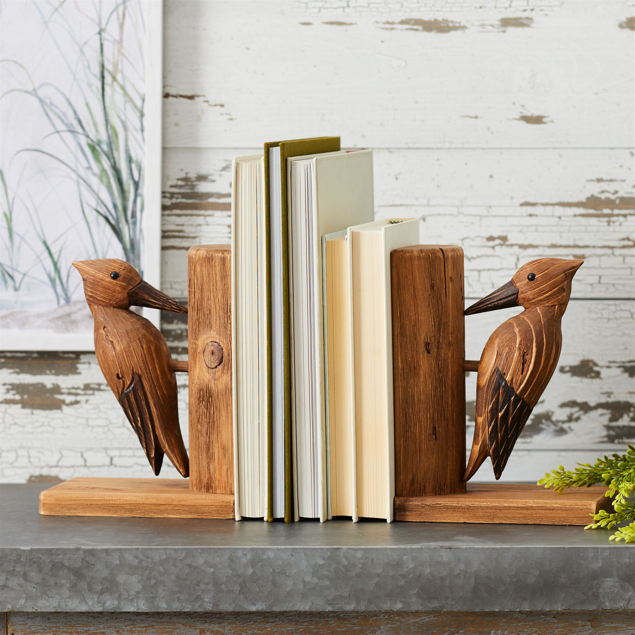 Pine Wood Woodpecker Bird Bookend Set of 2, BROWN, alternate image number 1