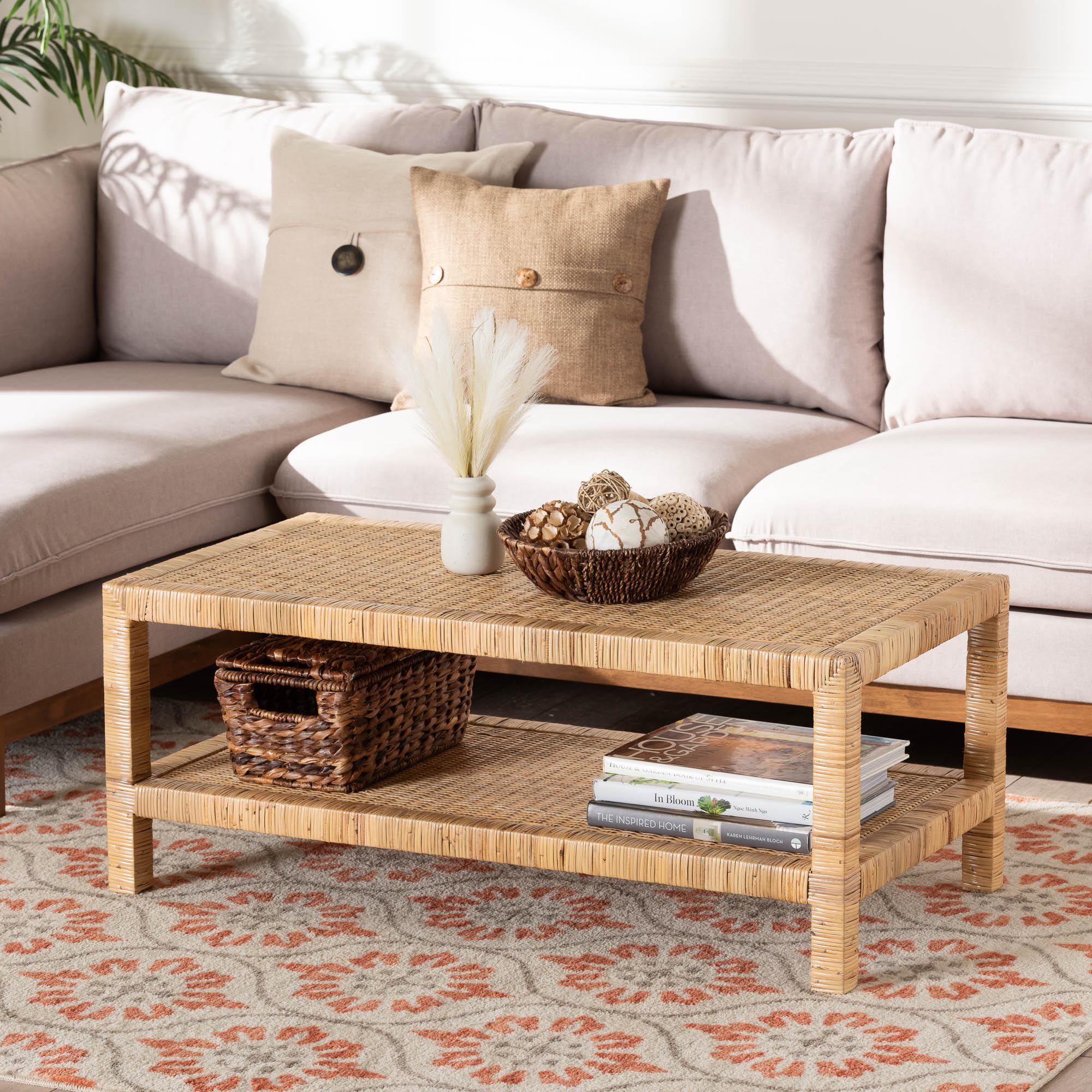 Kalimantan Bohemian Light Honey Rattan and Mahogany Wood Rectangle Coffee Table, HONEY, hi-res image number 0