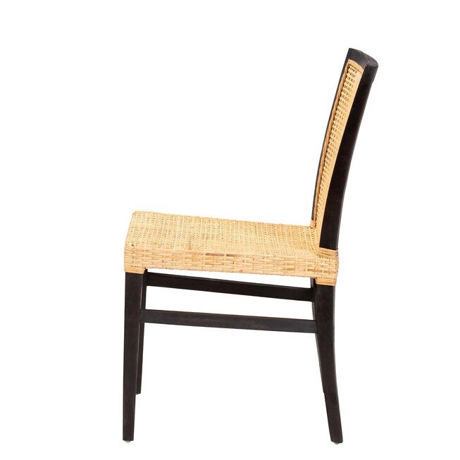 Lingga Modern Bohemian Dark Brown Mahogany Wood And Natural Rattan Dining Chair, , alternate image number null