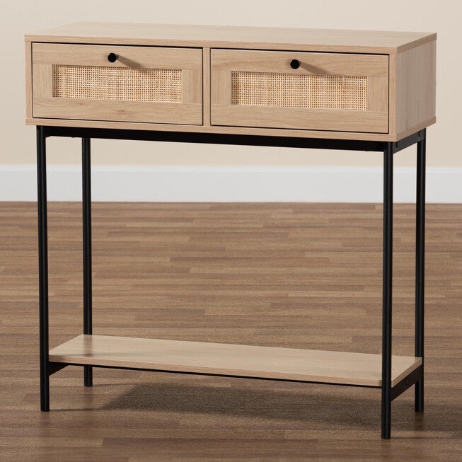 Sherwin Mid-Century Modern Light Brown And Black 2-Drawer Console Table With Woven Rattan Accent, , alternate image number null