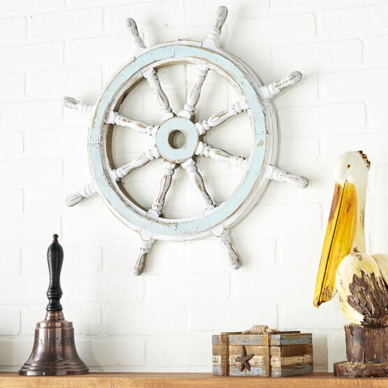 White Coastal Ship Wheel Wood Wall Décor, , alternate image number null