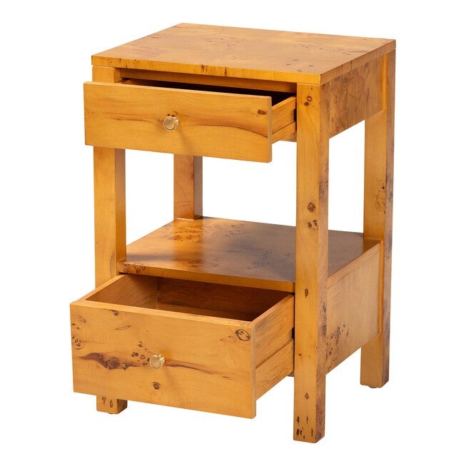 Azmi Modern and Contemporary Natural Light Mappa Real Burl Wood 2-Drawer Nightstand, LIGHT MAPPA BURL, alternate image number null