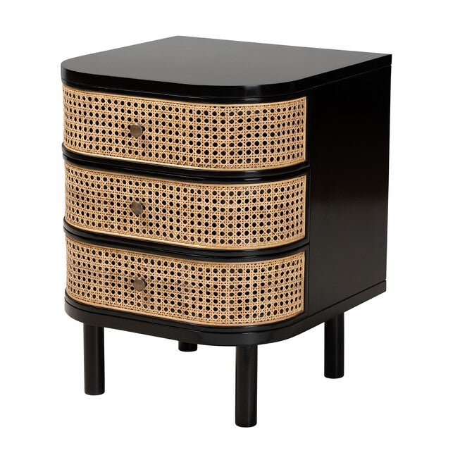 Nabila Modern Bohemian Black Bayur Wood And Natural Rattan 3-Drawer End Table Nightstand, BLACK, hi-res image number null