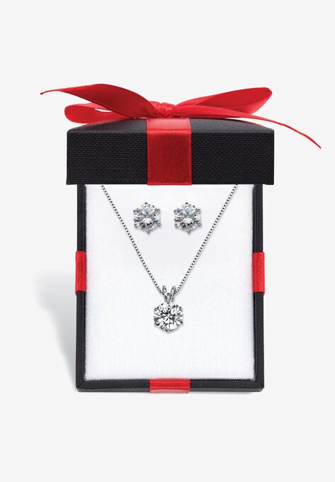 Platinum over Sterling Silver Pendant (9mm) Round Cubic Zirconia with 18" Chain, SILVER, hi-res image number null