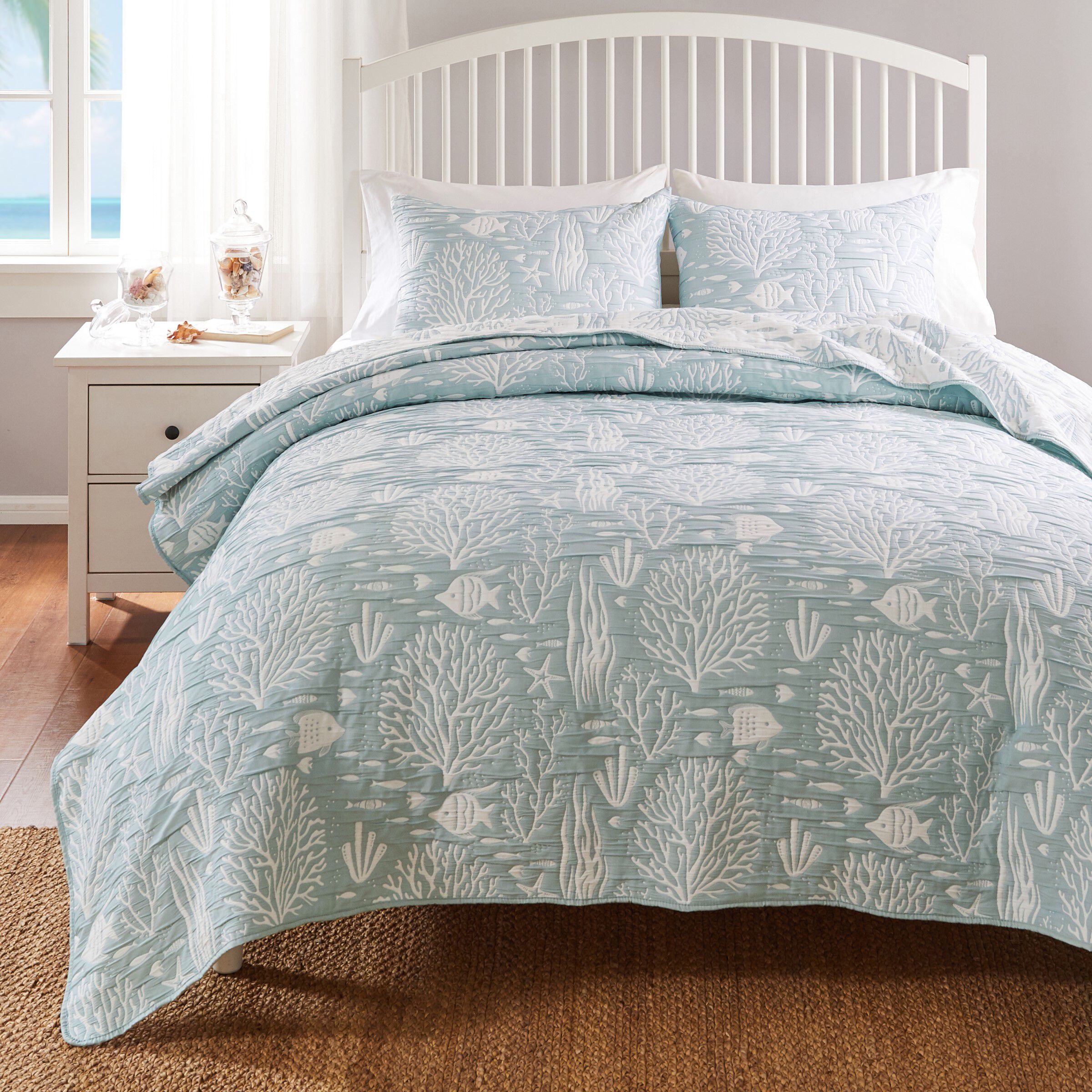 Greenland Home Fashions Marina Reversible Matelassé Coverlet Set, 3-Piece Full/Queen, Seafoam, SEAFOAM, alternate image number 1