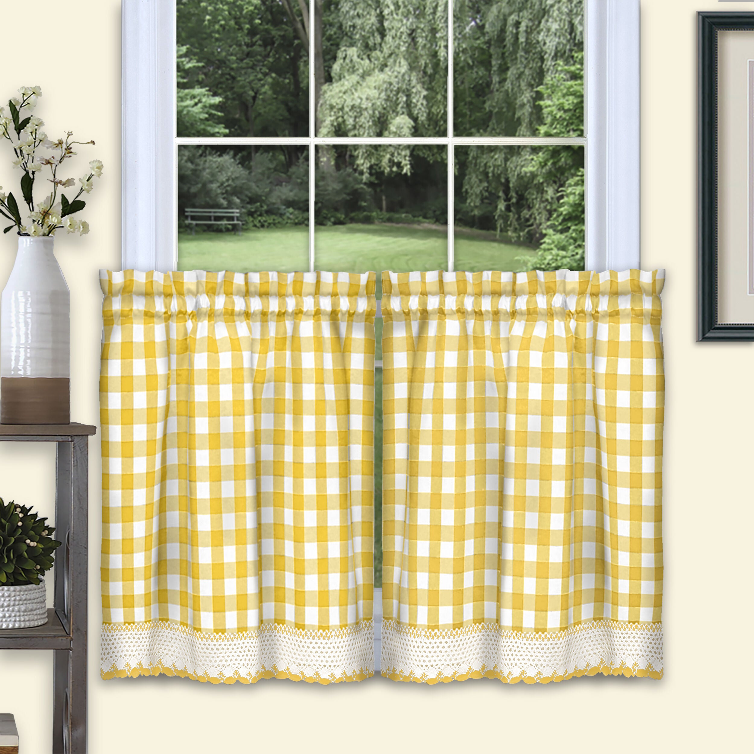 Buffalo Check Window Curtain Tier Pair - 58x36 - Navy, YELLOW, hi-res image number 0
