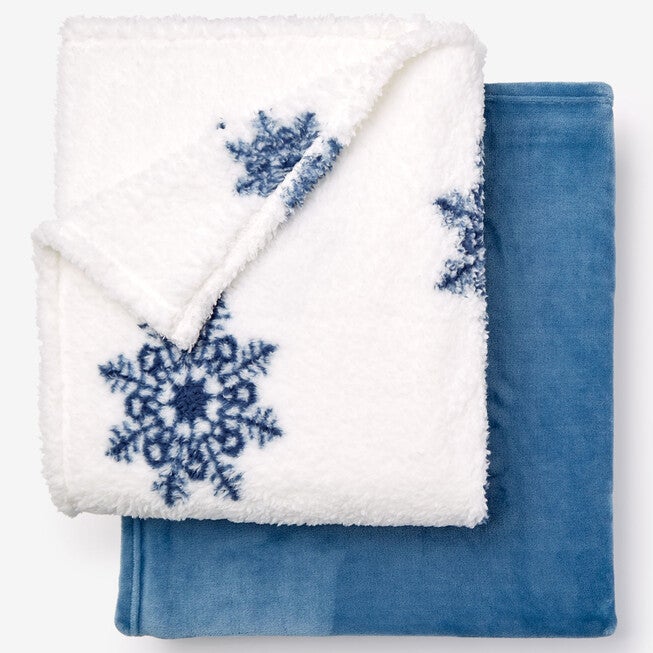 Seasonal Fleece Blanket + Free Throw, Blue Snowflake Brylane Home