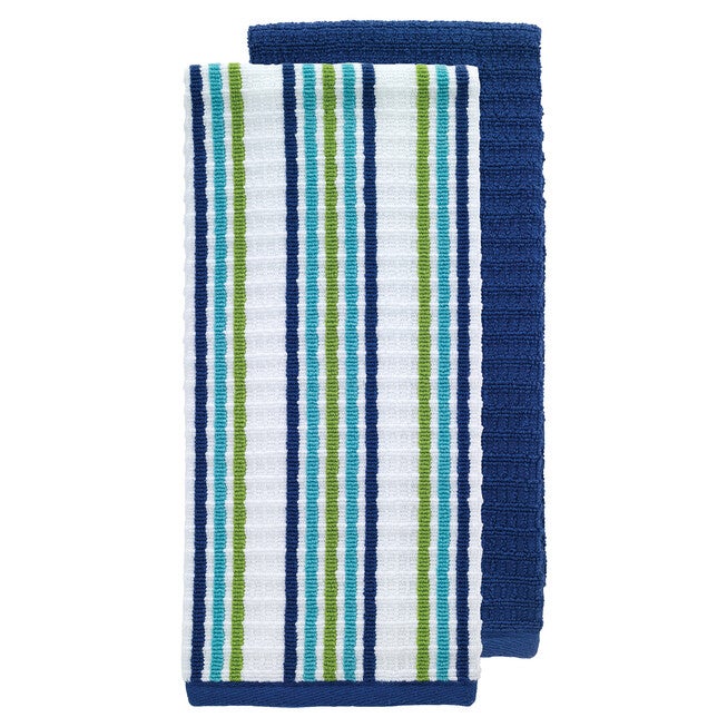 Solid & Stripe Waffle Terry Kitchen Towels, Set Of 2 Towel, COOL BLUE, hi-res image number null