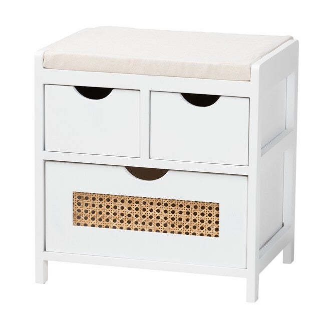Bastian Modern And Contemporary Light Beige Fabric And White Finished Wood 3-Drawer Storage Bench With Natural Rattan, BEIGE WHITE BROWN, hi-res image number null
