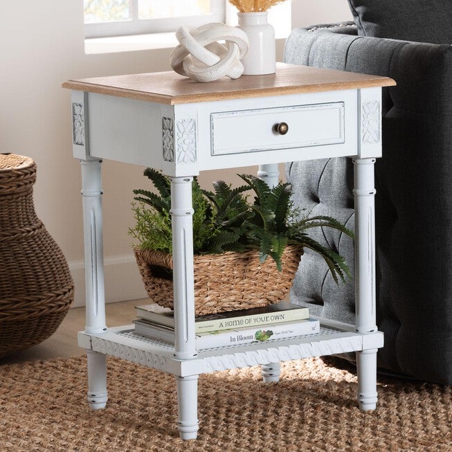 Legrand Classic French Two-Tone White and Natural Brown 1-Drawer End Table, WHITE, hi-res image number 0