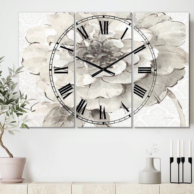 Indigold Grey Peonies I Traditional Multipanel Wall Clock, GREY, hi-res image number 0