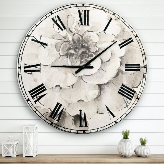 Indigold Grey Peonies I Traditional Wall Clock, GREY, hi-res image number null