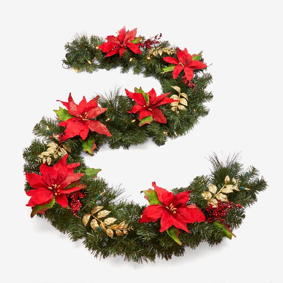 Pre Lit Poinsettia Garland Indoor Christmas Decor Brylane Home